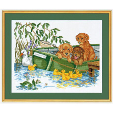 12-967 Eva Rosenstand Набір для вишивки рахунковим хрестиком - Цуценята в човні 69х58 см, Льон 18 ct