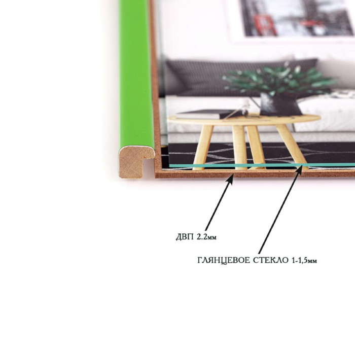 Рамка для фото дерев'яна 13х18 багет: DL1506-09 Салатовий глянець (з глянцевим склом 1-1.5мм, двп з ніжкою) EmojiFrame