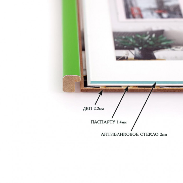 Фоторамка дерев'яна 15х21 (А5) під фото 10х15 багет: DL1506-09 Салатовий глянець (з антибліковим склом 2мм, паспарту, двп з ніжкою) EmojiFrame