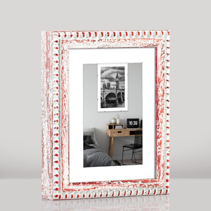Фоторамка дерев'яна 15х20 під фото 10х15 багет: DL2506-12 Білий з червоним (з глянцевим прозорим пластиком 0.8мм, двп, паспарту) EmojiFrame