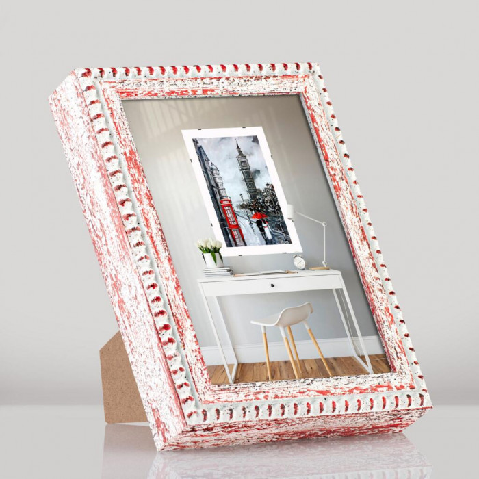 Фоторамка дерев'яна 15х21 (А5) багет: DL2506-12 Білий з червоним (з глянцевим прозорим пластиком 0.8мм, двп з ніжкою) EmojiFrame