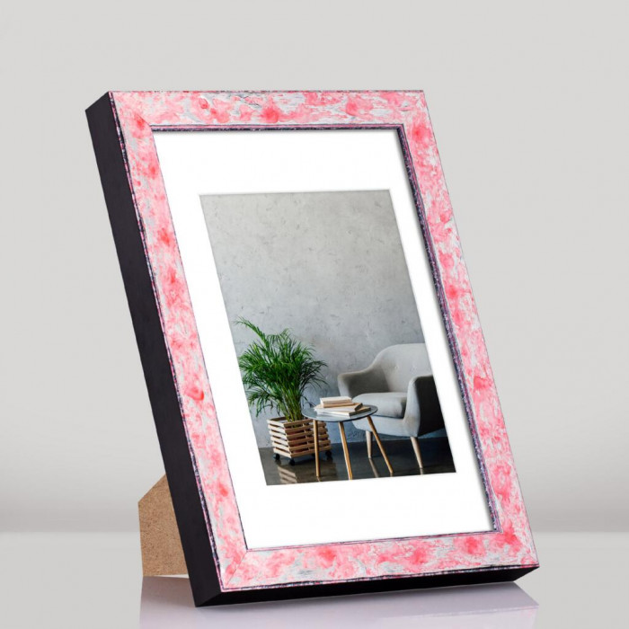 Фоторамка дерев'яна 21х30 (А4) під фото 15х20 багет: DL2801-02 Рожевий з сріблом (з глянцевим прозорим пластиком 0.8мм, паспарту, двп з ніжкою) EmojiFrame