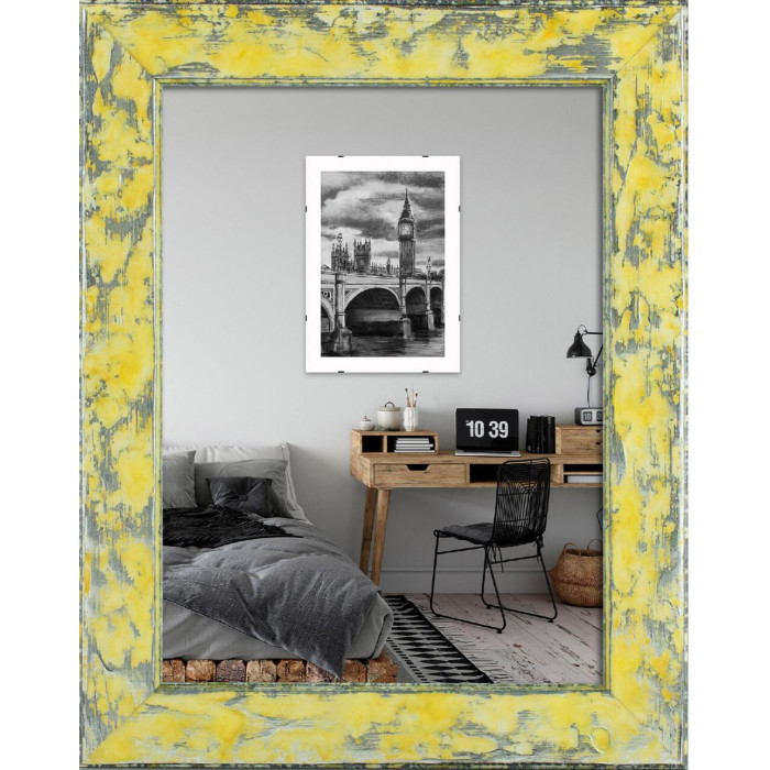 Рамка для фото дерев'яна 15х20 багет: DL2801-01 Жовтий з сріблом (з глянцевим склом 1-1.5мм, двп з ніжкою) EmojiFrame