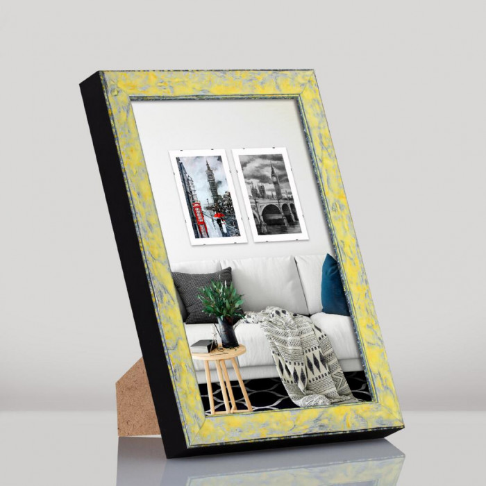 Рамка для фото дерев'яна 20х30 багет: DL2801-01 Жовтий з сріблом (з глянцевим склом 1-1.5мм, двп з ніжкою) EmojiFrame