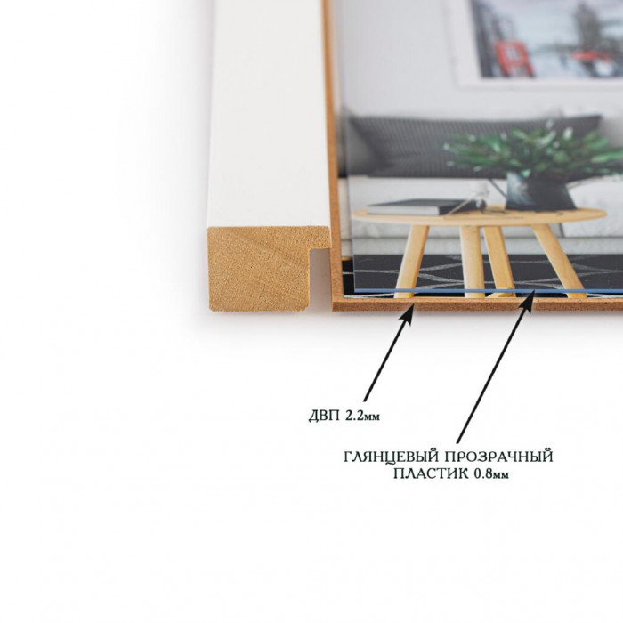 Фоторамка дерев'яна 15х20 багет: DL3005-01 Білий (з глянцевим прозорим пластиком 0.8мм, двп з ніжкою) EmojiFrame