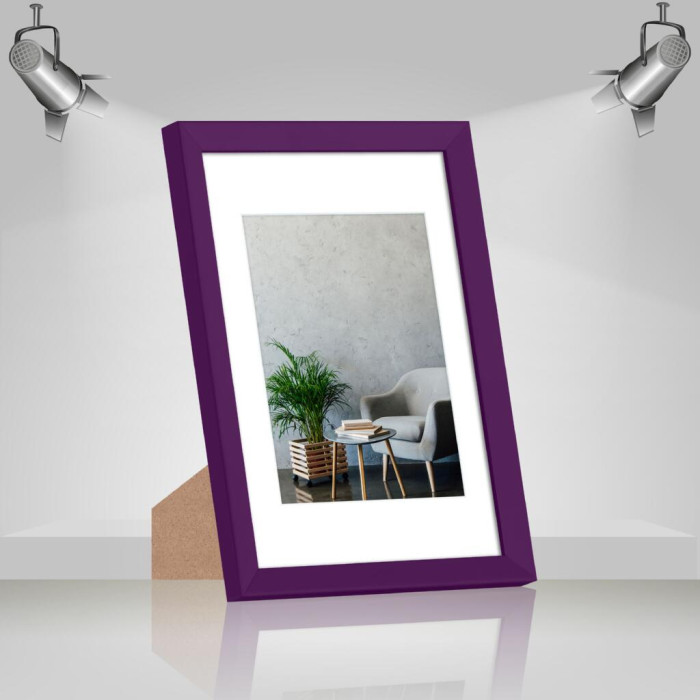 Фоторамка дерев'яна 21х30 (А4) під фото 15х20 багет: AH2220-14 Фіолетовий (з глянцевим прозорим пластиком 0.8мм, паспарту, двп з ніжкою) EmojiFrame