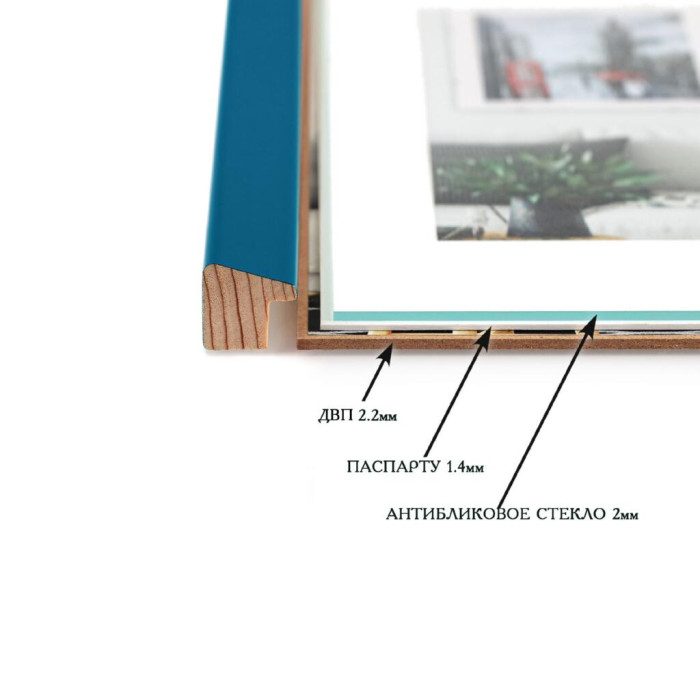 Фоторамка дерев'яна 21х30 (А4) під фото 15х20 багет: AH2220-15 Бірюзовий (з антибліковим склом 2мм, двп, паспарту) EmojiFrame