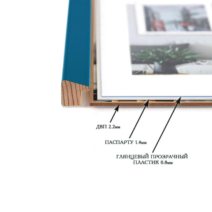 Фоторамка дерев'яна 21х30 (А4) під фото 15х20 багет: AH2220-15 Бірюзовий (з глянцевим прозорим пластиком 0.8мм, двп, паспарту) EmojiFrame