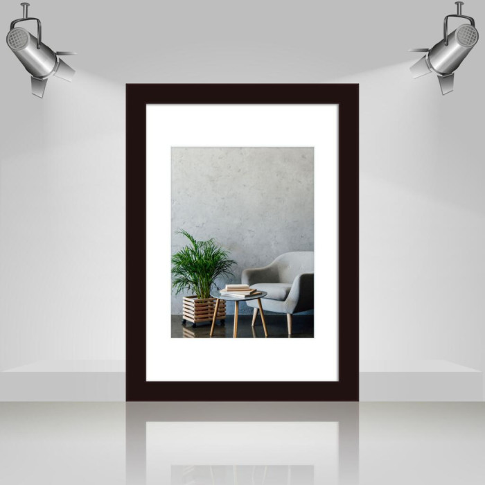 Фоторамка дерев'яна 21х30 (А4) під фото 15х20 багет: AH2220-17 Темно-коричневий (з антибліковим склом 2мм, паспарту, двп з ніжкою) EmojiFrame