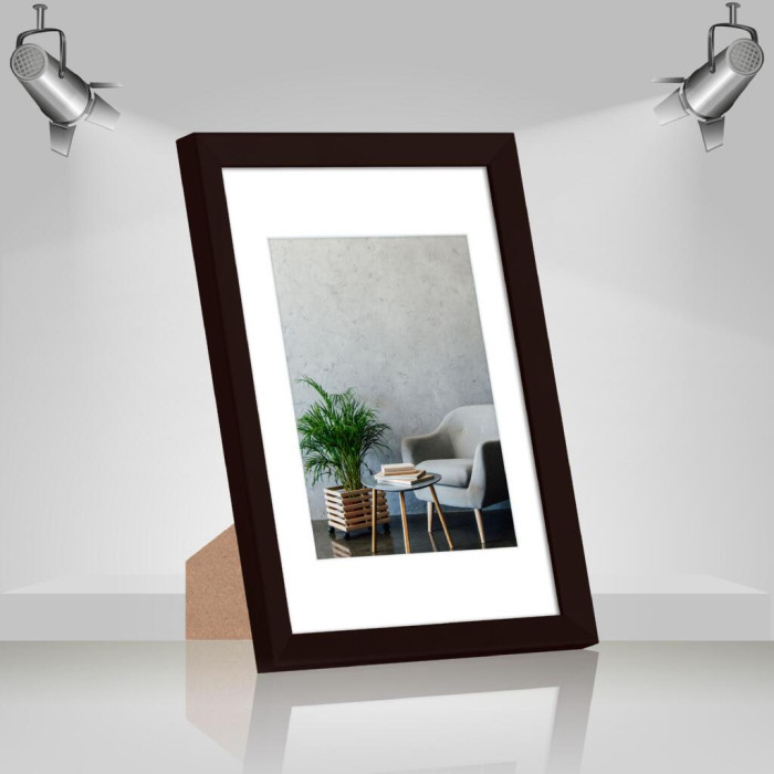Фоторамка дерев'яна 21х30 (А4) під фото 15х20 багет: AH2220-17 Темно-коричневий (з глянцевим прозорим пластиком 0.8мм, паспарту, двп з ніжкою) EmojiFrame