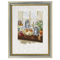 14-015 Eva Rosenstand Набір для вишивки рахунковим хрестиком - Кошенята та золота рибка 30х40 см, Льон 26 ct