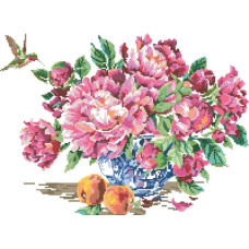 14-197 Інстинкт вишивання Схема на канві для вишивки хрестиком - Півонії і колібрі 33x45 см, Aida 14 (з паперовою схемою)