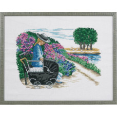 14-365 Eva Rosenstand Набір для вишивки рахунковим хрестиком - Дівчинка з коляскою 45х35 см, Льон 26 ct