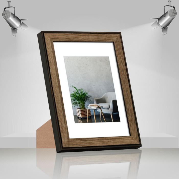 Фоторамка дерев'яна 21х30 (А4) під фото 15х20 багет: DL3302-05 Горіх (з глянцевим прозорим пластиком 0.8мм, паспарту, двп з ніжкою) EmojiFrame