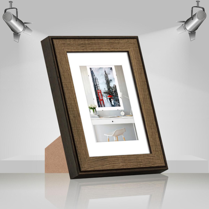 Фоторамка дерев'яна 15х21 (А5) під фото 10х15 багет: DL3302-05 Горіх (з антибліковим склом 2мм, паспарту, двп з ніжкою) EmojiFrame