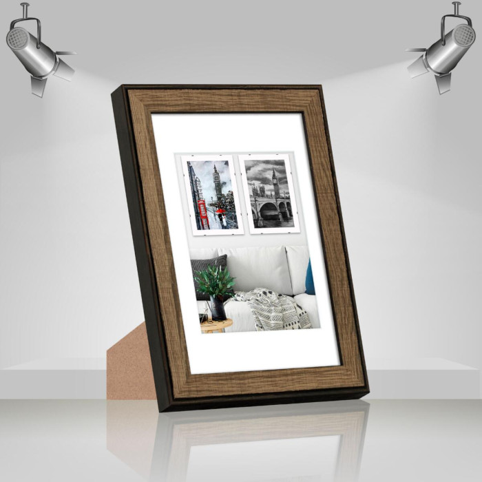 Рамка для фото дерев'яна 20х30 під фото 15х20 багет: DL3302-05 Горіх (з глянцевим склом 1-1.5мм, паспарту, двп з ніжкою) EmojiFrame