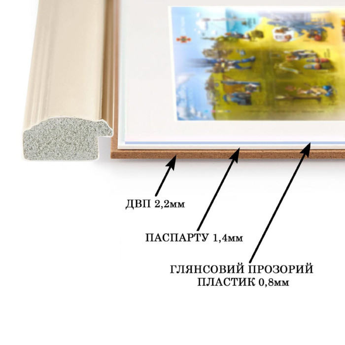 Фоторамка для марки F Пес Патрон 18.5-18.5 під марку 12.4-12.4 багет: 1171-0061 перламутр із золотом (з глянцевим прозорим пластиком 0.8мм, паспарту біле, двп)  EmojiFrame