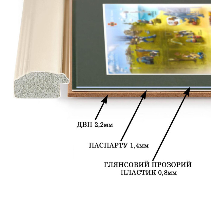 Фоторамка для марки F Пес Патрон 18.5-18.5 під марку 12.4-12.4 багет: 1171-0061 перламутр із золотом (з глянцевим прозорим пластиком 0.8мм, паспарту темно-зелене, двп)  EmojiFrame