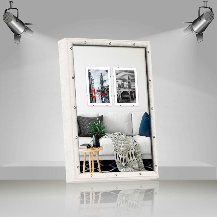 Фоторамка дерев'яна 20х30 багет: DL1903-04 Білий зі сріблом (з антибліковим склом 2мм, двп) EmojiFrame