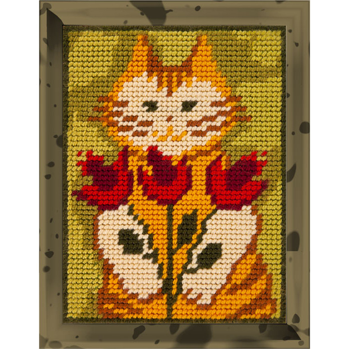 X2213 Кіт з тюльпанами. Bambini. Набір для вишивки пряжею по канві з малюнком гобеленовим стібком