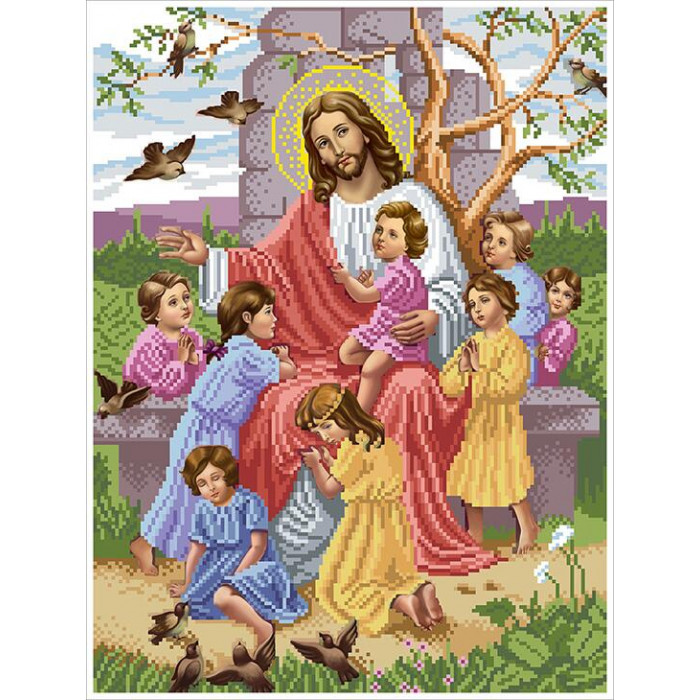 44 ІБД-схема Ісус благословляє дітей. БС Солес. Схема на тканині для вишивання бісером