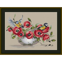 250071Р Little Stitch Набір для вишивки рахунковим хрестиком - Синички та маки 26x37 см, Linda 27 ct (айворі)