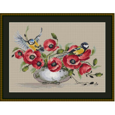 250071Р Little Stitch Набір для вишивки рахунковим хрестиком - Синички та маки 26x37 см, Linda 27 ct (айворі)