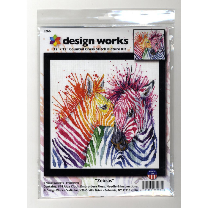 3266 Design Works Набір для вишивки рахунковим хрестиком - Барвисті зебри 30,4x30,4 см, Aida14