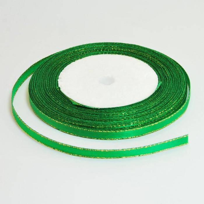 19 Стрічка атласна 0,5 см, зелена з люрексом, упаковка 23 метри