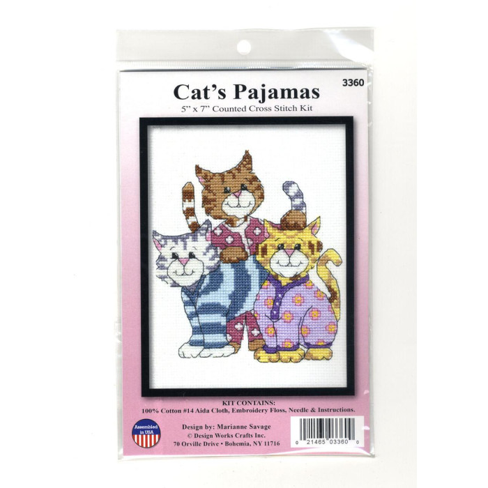 3360 Design Works Набір для вишивки рахунковим хрестиком - Піжама для кота 12,7x17,8 см, Aida14
