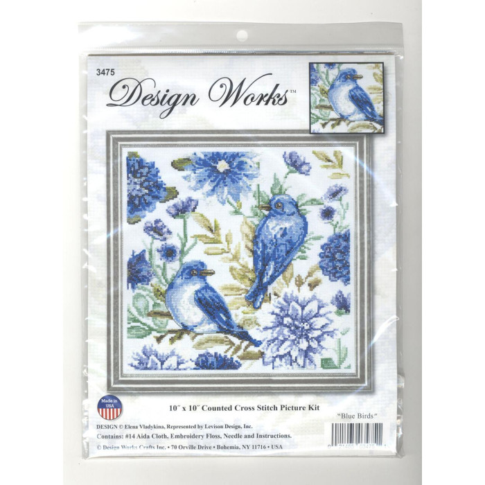 3475 Design Works Набір для вишивки рахунковим хрестиком - Сині птахи 25,4x25,4 см, Aida14
