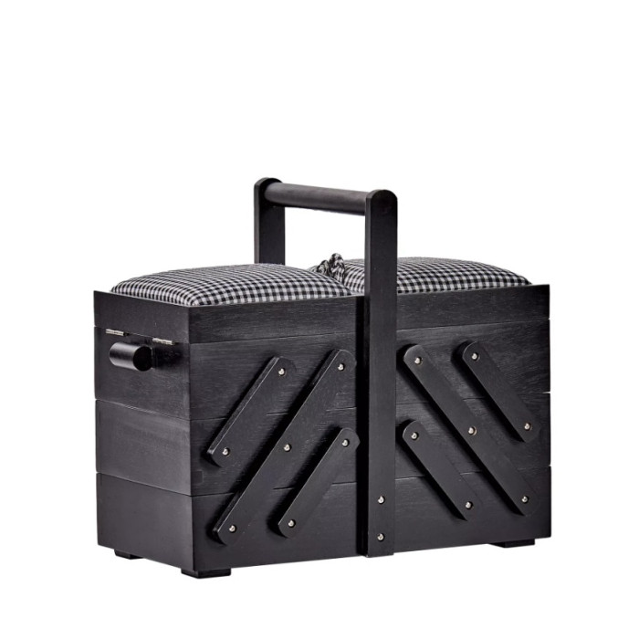 612574 Дерев'яна шкатулка для шиття розмір M, чорна з білою тканининою в клітинку, 36x19x30 см, Prym