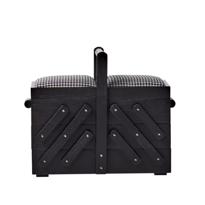 612574 Дерев'яна шкатулка для шиття розмір M, чорна з білою тканининою в клітинку, 36x19x30 см, Prym