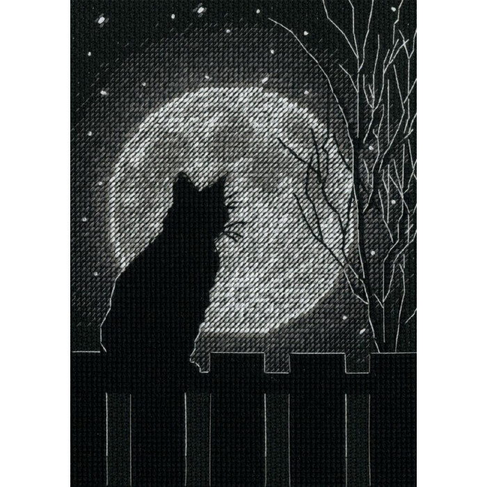 70-65212 Місячна чорна кішка. 12.7x17.7 см. Dimensions. Набір для вишивки хрестиком на Aida 14
