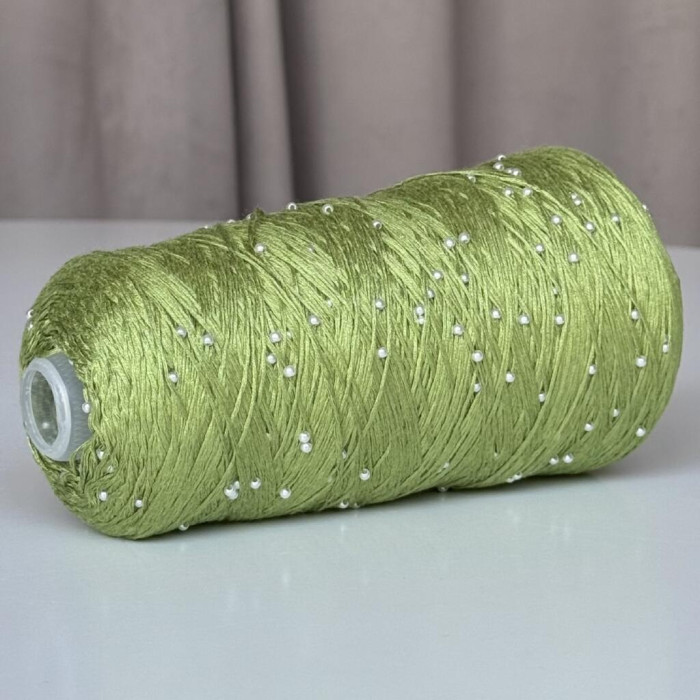 728 Infinity Yarn Пряжа намистини на котонi, світлий хакі, білі намистини 330гр-1000м