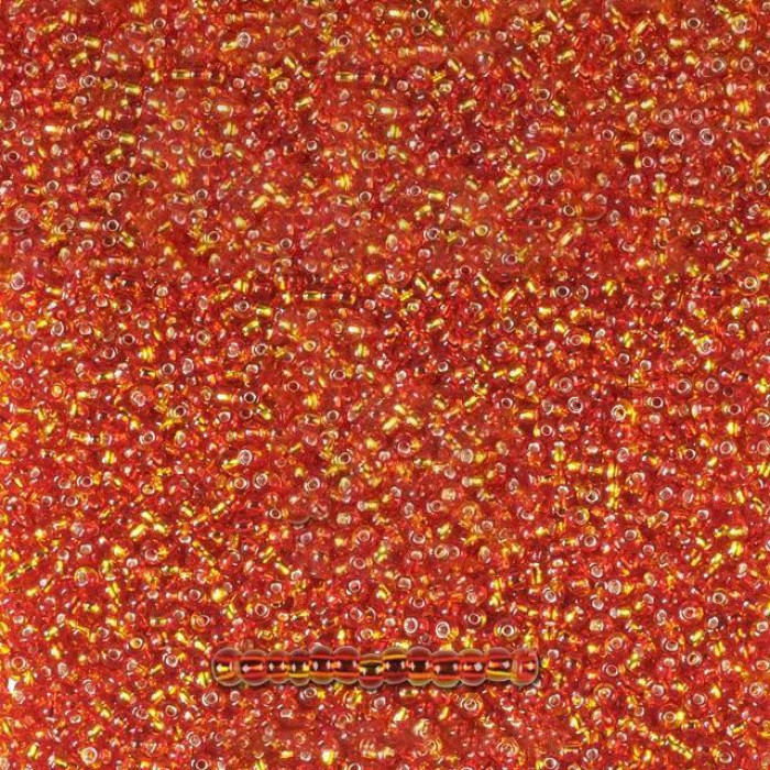 87797 10/0 чеський бісер Preciosa, 50 г, червоний-жовтий, прозорий строкатий з блискучим срібним отвором