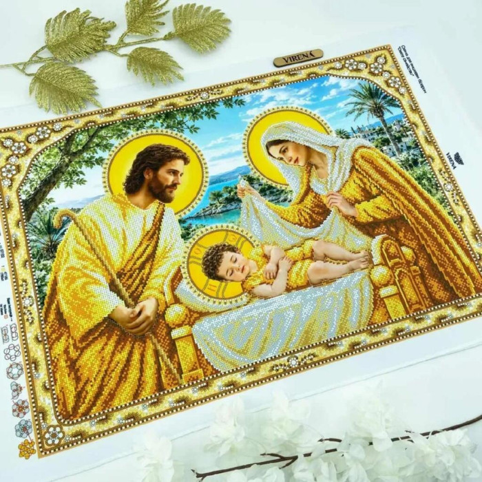 А2Р_105 Virena Заготовка для вишивки бісером - Святе сімейство в золоті 58x41 см, габардин