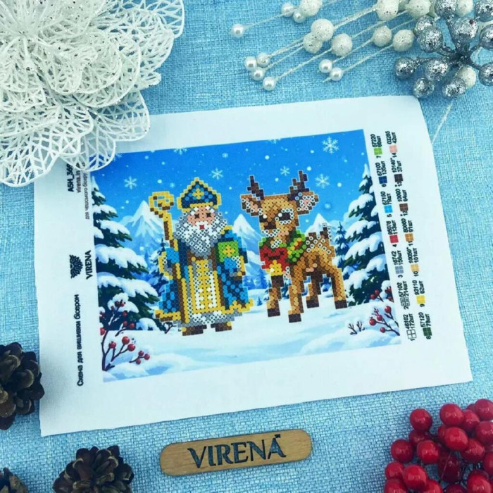 А5Н_369 Схема на тканині для вишивки бісером - Святий Миколай і різдвяний олень, 15,3 х 11,5 см (габардин)