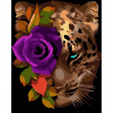 AH1002 Леопард з трояндою, на чорному фоні 40x50 см. Strateg. Картина за номерами (Стратег)