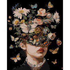 AH1176-19 Strateg Картина за номерами - Дівчина і метелики 40x50 см (на чорному фоні, Стратег)
