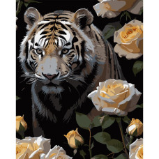 AH1180-19 Strateg Картина за номерами - Тигр у трояндах 40x50 см (на чорному фоні, Стратег)