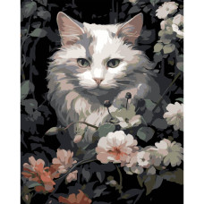 AH1191-17 Strateg Картина за номерами - Кіт у квітах 40x50 см (на чорному фоні, Стратег)