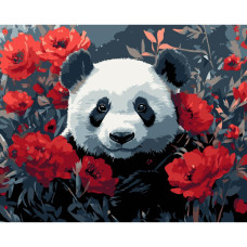 AH1197-15 Strateg Картина за номерами - Панда в маках 40x50 см (на чорному фоні, Стратег)