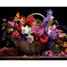 AH1213-19 Strateg Картина за номерами - Кошик різнокольорових квітів 40x50 см (на чорному фоні, Стратег)