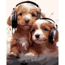 AH1218-19 Strateg Картина за номерами - Цуценята в навушниках 40x50 см (на чорному фоні, Стратег)