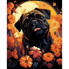 AH1228-18 Strateg Картина за номерами - Мопс у квітах 40x50 см (на чорному фоні, Стратег)