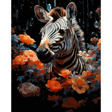 AH1231-17 Strateg Картина за номерами - Зебра у квітах 40x50 см (на чорному фоні, Стратег)