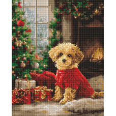 AMO20011 Ideyka Алмазна мозаїка - Пудель біля ялинки 40х50 см (круглі, на підрамнику, АМО-20011) ©art_selena_ua
