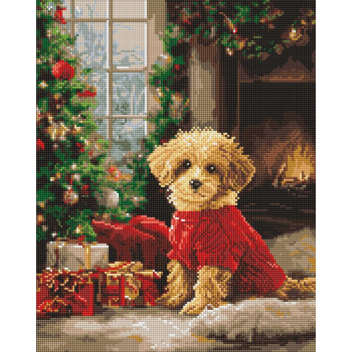 AMO20011 Ideyka Алмазна мозаїка - Пудель біля ялинки 40х50 см (круглі, на підрамнику, АМО-20011) ©art_selena_ua
