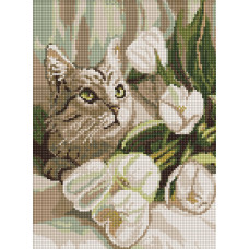 AMO20099 Ideyka Алмазна мозаїка - Зеленоокий кіт з тюльпанами 30х40 см (круглі, на підрамнику, AMO20099) ©art_selena_ua